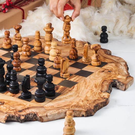 Handcrafted Olive Wood Chess Set with Natural Edges